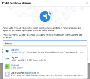 Vyhledávání facebookové stránky v Business manageru.