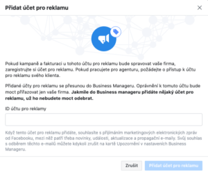 Okno přidání účtu pro reklamu do Business Manageru