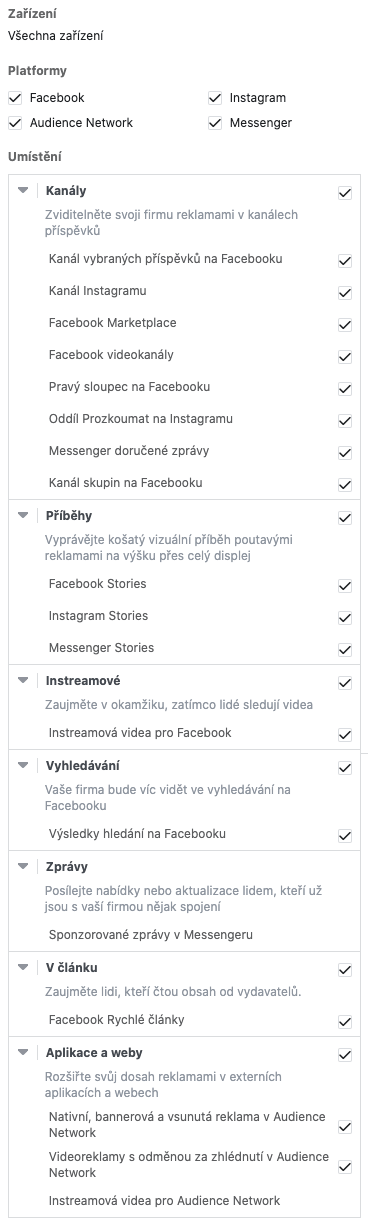 Možnosti výběru umístění reklam na Facebooku a Instagramu