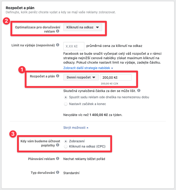 Nastavení rozpočtu a plánu reklam na Facebooku