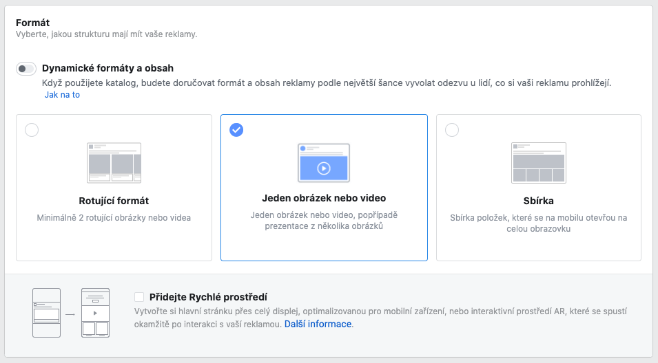 Nastavení formátu reklam na Facebooku a Instagramu