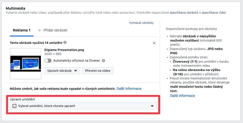 Kde najít úpravy vzhledu reklam pro jednotlivá umístění na Facebooku