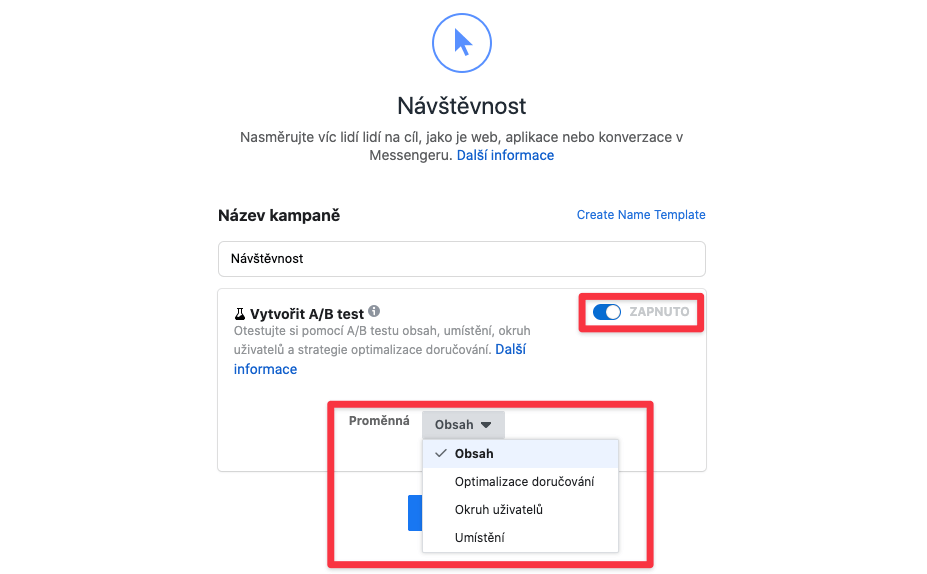 Vytvoření A/B testování ve Správci reklam