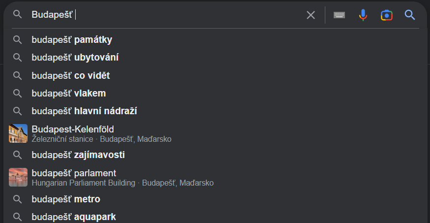 Příklady klíčových slov, která lidé vyhledávají v souvislosti s Budapeští