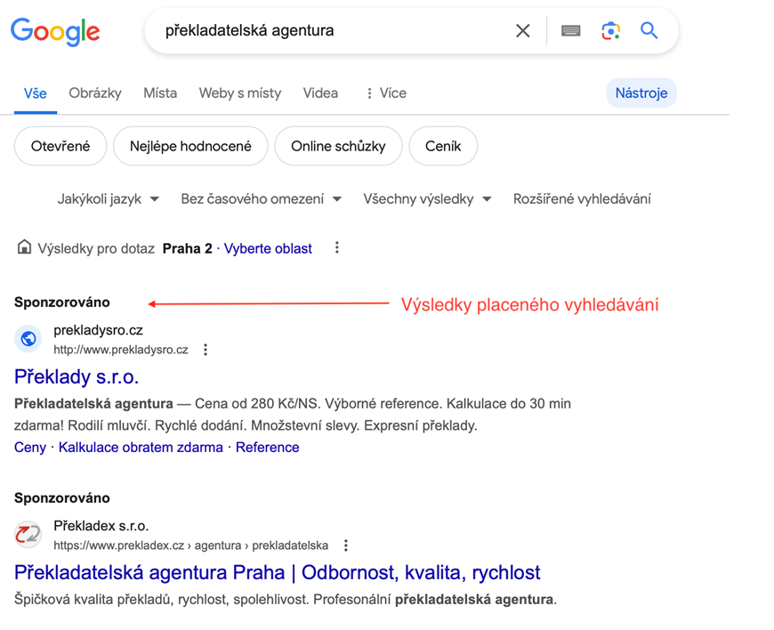 Výsledky placeného vyhledávání