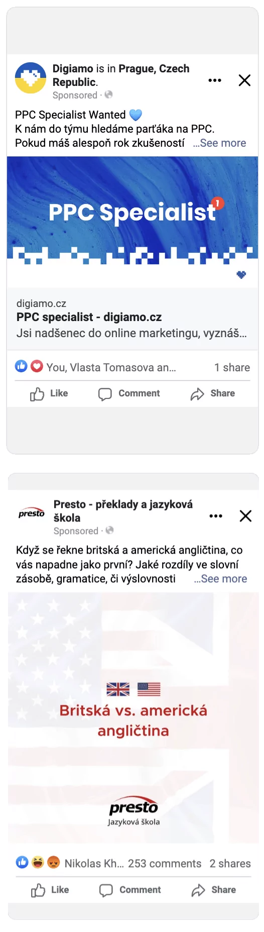 Ukázky reklam na Facebooku